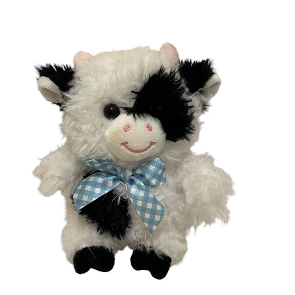 Walmart WAY To Celebrate Black White Shaggy Cow 8” Plush Blue White Check Bow